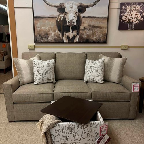 Lancer Sofa with La-Z-Boy Pillows and Matching Ottoman featuring a Texas Longhorn Painting from Crestview!
