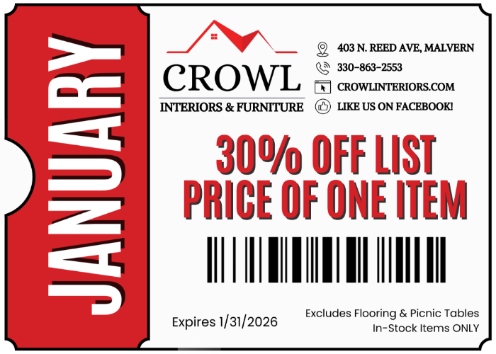 January Coupon for 30% off one list item