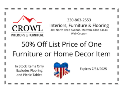 Crowl Interiors July Coupon for 50% off one item