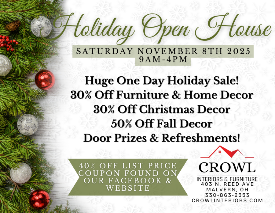 Holiday Open House One Day Sale 30% off Furniture 30% off Christmas Decor 50% off Fall Decor