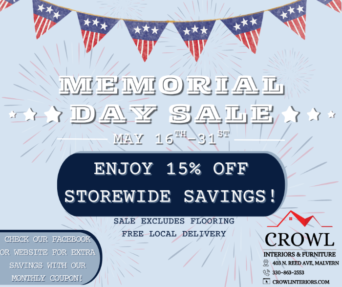 Memorial Day Sale at Crowl Interiors 15% off storewide until May 31