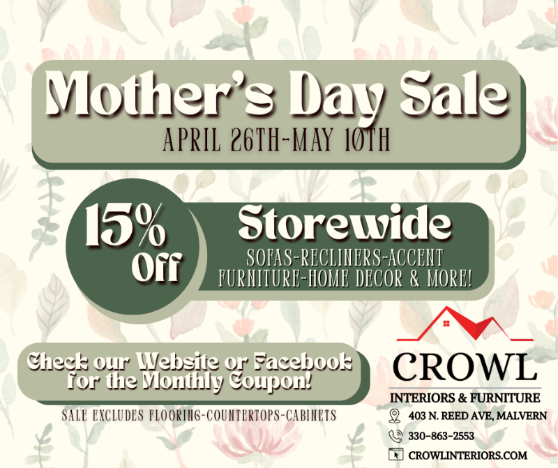 Crowl Interiors Mother&#x27;s Day Sale Promotion for 15% off storewide