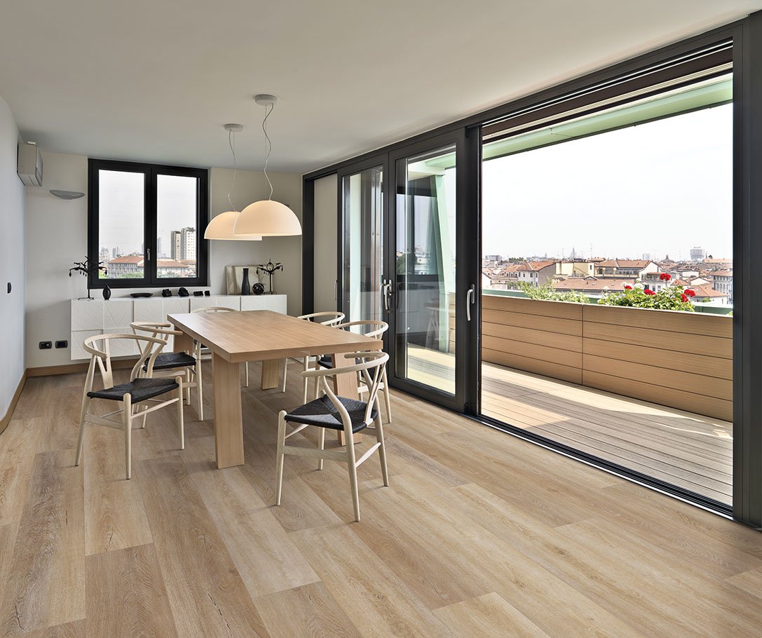 Luxury vinyl plank floors from SAR Floors in a modern dining room scene